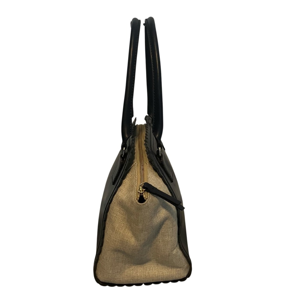 Kate Spade New York Scalloped Tote Bag Black Leather Natural Canvas Top Zip‎ - Picture 3 of 5